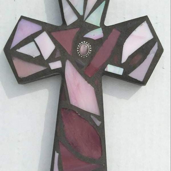 Mosaic Wall Cross Religious Decor Pink Stained Glass Cross Girl's Baptism Communion Christening Christian Gift