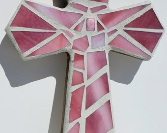 Pink Stained Glass Mosaic Wall Cross Girl's Baptism Communion Christening Confirmation Spiritual Christian Gift