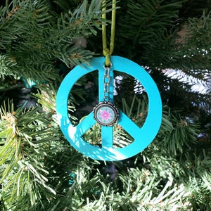 Turquoise Peace Sign Ornament Flower Car Charm Rear View Mirror Sun Catcher Hippie Decor