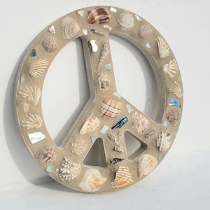 Mosaic Peace Sign Wall Art Seashell Beach House Wall Hanging Coastal Living Boho Hippie Beach Decor