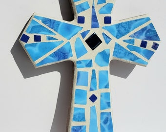 Blue Mosaic Decorative Wall Cross Boy's Baptism Communion Christening Christian Godchild Gift  Religious Decor
