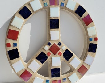 Red White Blue Mosaic Peace Sign Patriotic Wall Decor Trivet Hippie Decor 60's Retro Art