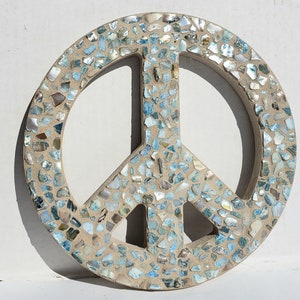 Blue Mosaic Peace Sign Wall Art Seashell Peace Sign Wall Hanging Coastal Living Boho Hippie Decor 60's Retro Art
