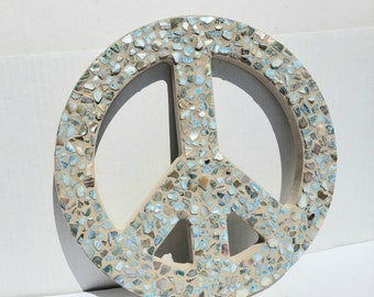 Blue Mosaic Peace Sign Wall Art Coastal Living Boho Hippie Decor 60's Retro Art