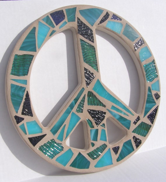 Peace Sign Wall Art Teal Blue Green Mosaic Stained Glass Peace Etsy