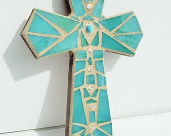 Teal Turquoise Decorative Mosaic Wall Cross Christian Religious Decor Baptism Christening Spiritual Godchild