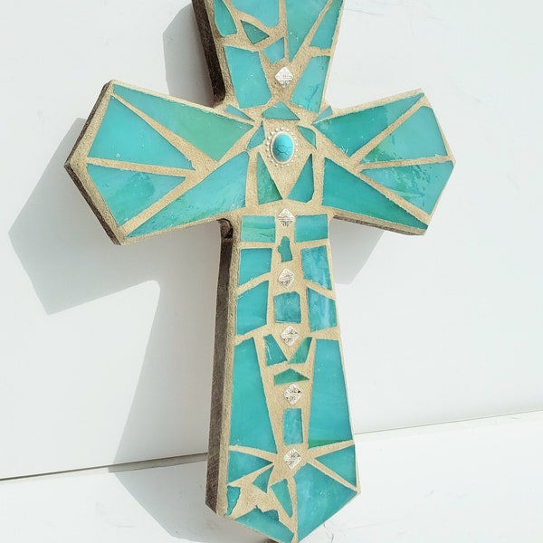 Teal Turquoise Decorative Mosaic Wall Cross Christian Religious Decor Baptism Christening Spiritual Godchild