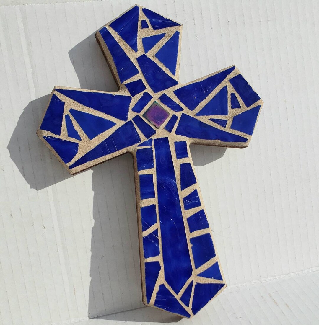 Blue Decorative Mosaic Wall Cross Christian Religious Decor Boy Baptism