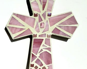 Pink Stained Glass Mosaic Wall Cross Girl's Baptism Communion Christening Confirmation Spiritual Christian Gift