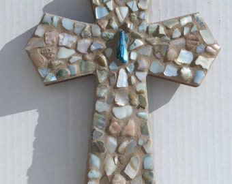 Mosaic Abalone Shell Wall Cross Christian Religious Decor Baptism Christening Spiritual Gift