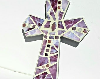 Purple Pink Stained Glass Mosaic Wall Cross Girl's Baptism Communion Christening Confirmation Spiritual Christian Gift