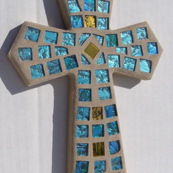 Blue Gold Mosaic Wall Christian Cross Religious Decor Easter Boy Baptism Christening  Spiritual Gift Godchild