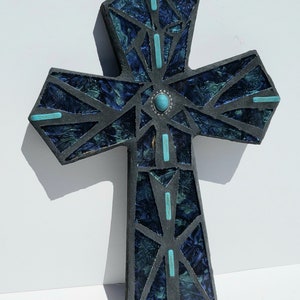 Blue Green Turquoise Mosaic Wall Cross Christian Religious Decor Spiritual Gift Godparent Godchild