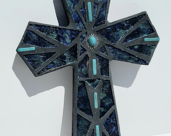 Blue Green Turquoise Mosaic Wall Cross Christian Religious Decor Spiritual Gift Godparent Godchild