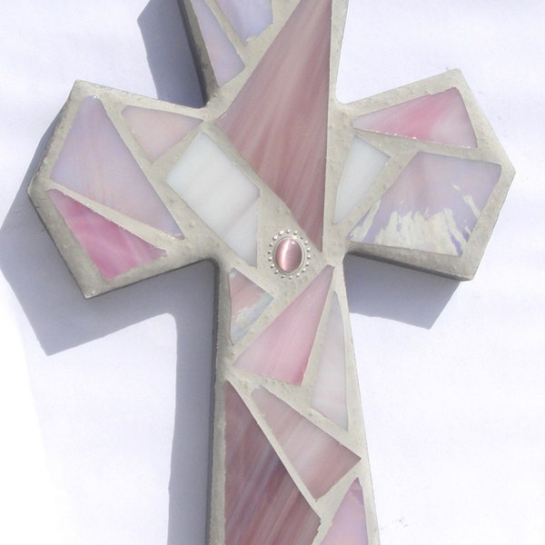 Mosaic Wall Cross Religious Decor Pink Stained Glass Cross Girl's Baptism Communion Christening Christian Gift