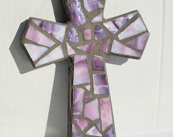 Pink Purple Stained Glass Mosaic Wall Cross Girl's Baptism Communion Christening Confirmation Spiritual Christian Gift