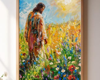 Jezus in wilde bloemen-print | Christelijk inspirerend kunstwerk (digitale download)