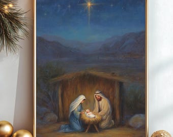 Nativity Scene Wall Art Printable Holy Family Christmas Digital Download Christian Holiday Decor with Baby Jesus, Mary and Joseph Under Star