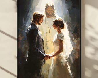 Catholic Wedding Gift with Jesus, Christian printable wall art, Religious Wedding Couple Print, Christ Blessing Marriage Painting