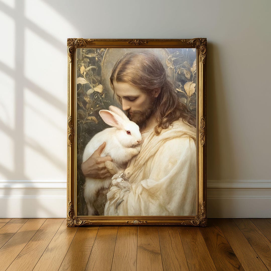 Jesus With Bunny Wall Art, Christian Easter Decor, Jesus Holding Rabbit ...