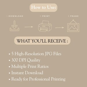 May include: A beige graphic with instructions on how to download, print, and frame digital art. The text includes "How to Use" and "What You'll Receive," listing 5 high-resolution JPG files, 300 DPI quality, multiple print ratios, instant download, and ready for professional printing.