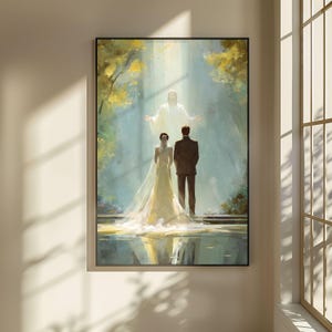 Christian wedding printable wall art, Jesus blessing bride and groom, religious marriage decor, neutral beige modern wall art
