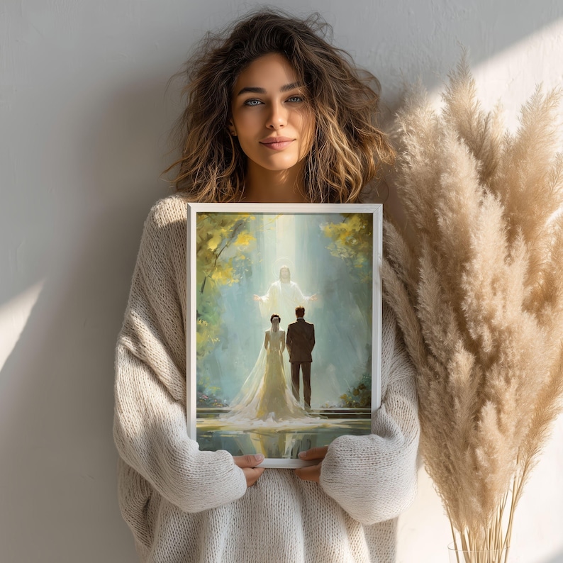 Christian wedding printable wall art, Jesus blessing bride and groom, religious marriage decor, neutral beige modern wall art