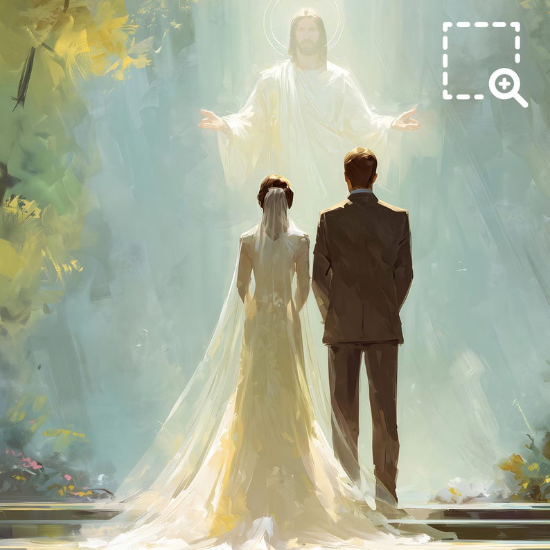 May include: An artistic depiction of a wedding ceremony. A bride in a white gown and veil stands beside a groom in a brown suit. Above them, a figure in white with a halo extends their arms. The background is a soft blend of greens and blues.