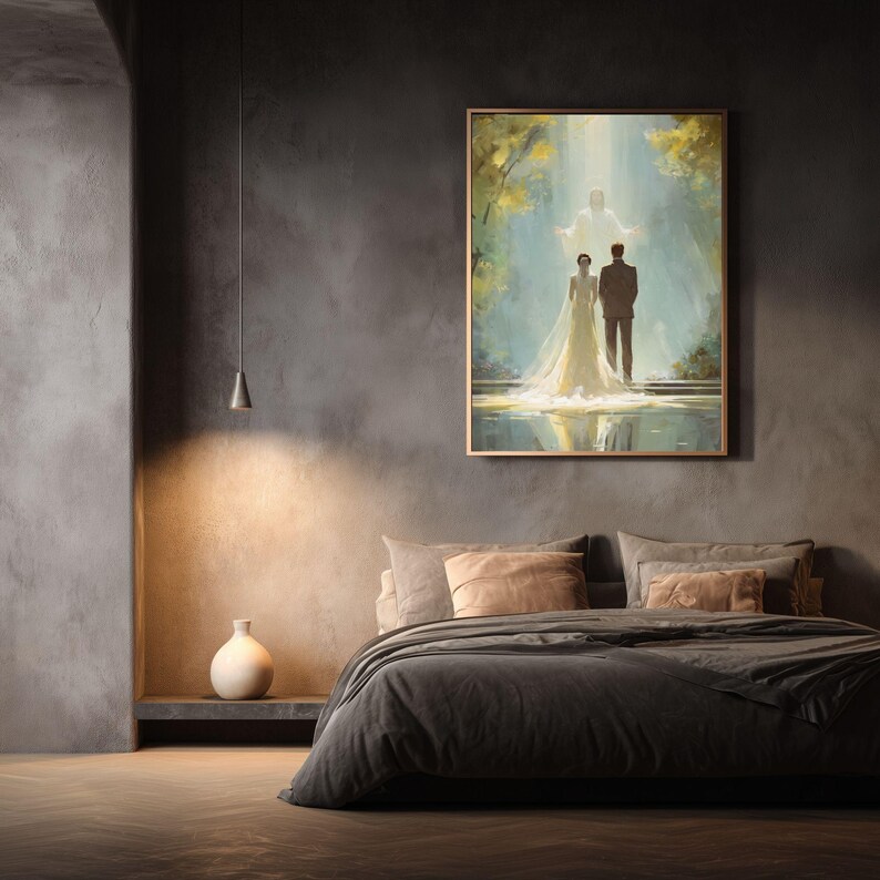 May include: A framed painting depicts a couple standing before a bright light, possibly a wedding scene. The artwork is in a gold frame and hangs above a bed with gray bedding and decorative pillows. The room has dark gray walls and a minimalist design.