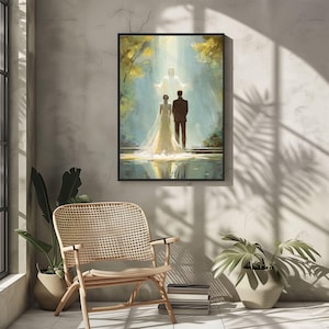 May include: A framed art print depicts a couple standing before a bright light, with a figure in the light. The couple is dressed in wedding attire. The artwork is set against a backdrop of trees and water, with a black frame.