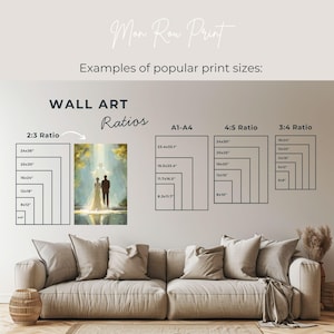 May include: A display of wall art ratios and print sizes, including 2:3, A1-A4, 4:5, and 3:4 ratios. The image features a painting of a couple, with examples of popular print sizes like 24x36 inches and 20x30 inches.