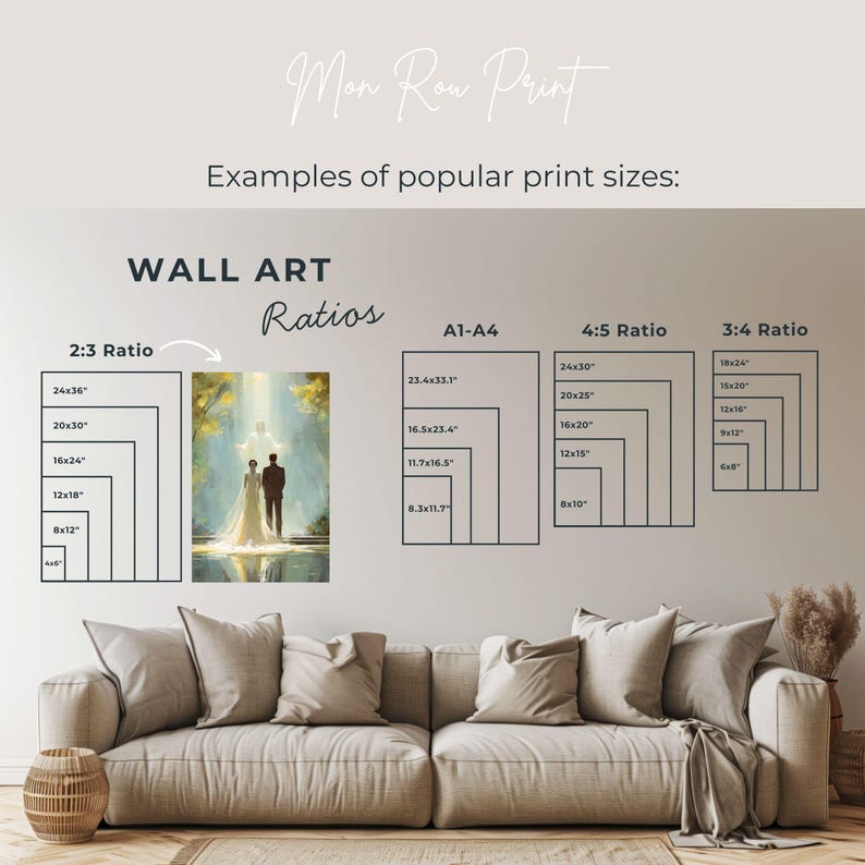 May include: A display of wall art ratios and print sizes, including 2:3, A1-A4, 4:5, and 3:4 ratios. The image features a painting of a couple, with examples of popular print sizes like 24x36 inches and 20x30 inches.