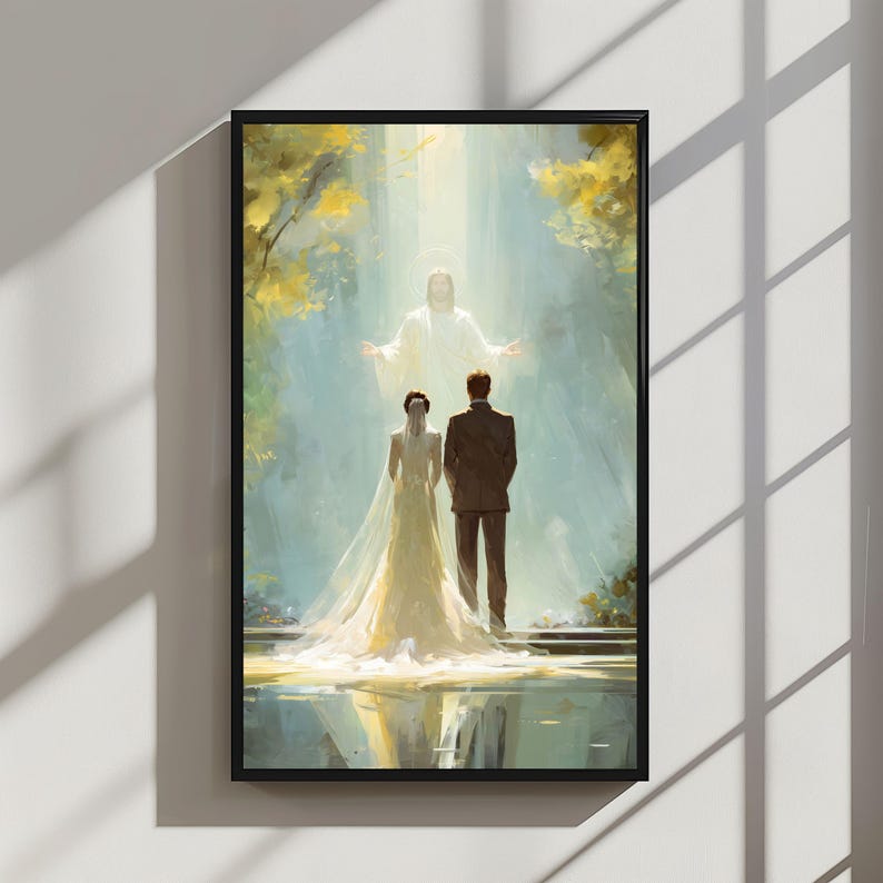 May include: A framed art print depicting a wedding scene. A bride in a white gown and a groom in a suit stand before a figure in white light. The background features a soft, ethereal landscape with yellow foliage and a bright light.