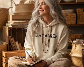 ORGANIZE Minimal Text Cream Hoodie with Organize Gather Build Act circle on back