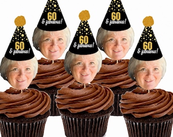 Face Cupcake Toppers, 60th Birthday Cupcake Toppers, 60 Birthday Party Decorations, Birthday Picture Cupcake Toppers, Cupcake Faces