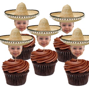 Personalized Face Sombrero Cupcake Toppers, Mexican Sombrero Cake Toppers, Mexican Fiesta, Fiesta Cake Toppers, Mexican Party, Food Picks