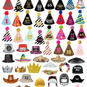 Puede incluir: Una colecci&oacute;n de sombreros de fiesta y tocados novedosos. Incluye sombreros de cumplea&ntilde;os con n&uacute;meros y frases como "Happy Birthday" e "I Make 50 Look Good!" Tambi&eacute;n presenta sombreros, coronas y un casco de bombero.