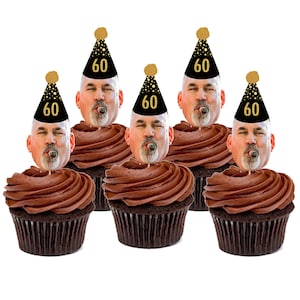 Personalized Face Cupcake Toppers (30th, 40th, 50th, 60th, 75th Birthday), Black and Gold Party, Black and Gold Party Decor