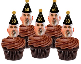Personalized Face Cupcake Toppers (30th, 40th, 50th, 60th, 75th Birthday), Black and Gold Party, Black and Gold Party Decor