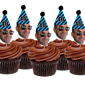 Personalized Face Cupcake Toppers (30th, 40th, 50th, 60th, 75th Birthday) Birthday Picture Cupcake Toppers, Cupcake Faces, Blue and Black