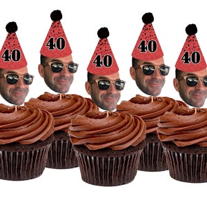 Personalized Face Cupcake Toppers (30th, 40th, 50th, 60th, 75th Birthday) Birthday Picture Cupcake Toppers, Cupcake Faces, Red and Black