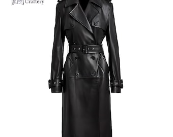 Genuine Black Leather Classic Long Trench Coat - Double Breasted Belted Overcoat