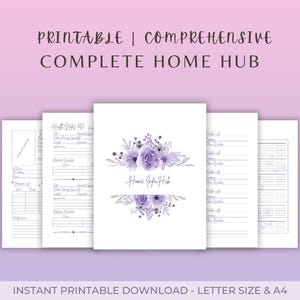 Puede incluir: Un conjunto de páginas imprimibles para la organización del hogar con un diseño floral púrpura. La página central muestra "Home Info Hub" con detalles florales. En la parte superior se lee "Printable | Comprehensive Complete Home Hub".