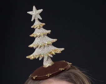 Gold and Brown Christmas Tree and Holly Fascinator