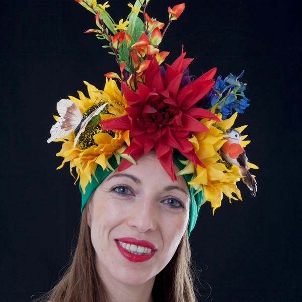 Coiffe de tournesol Mardi Gras, Turban Tropical Carmen Miranda