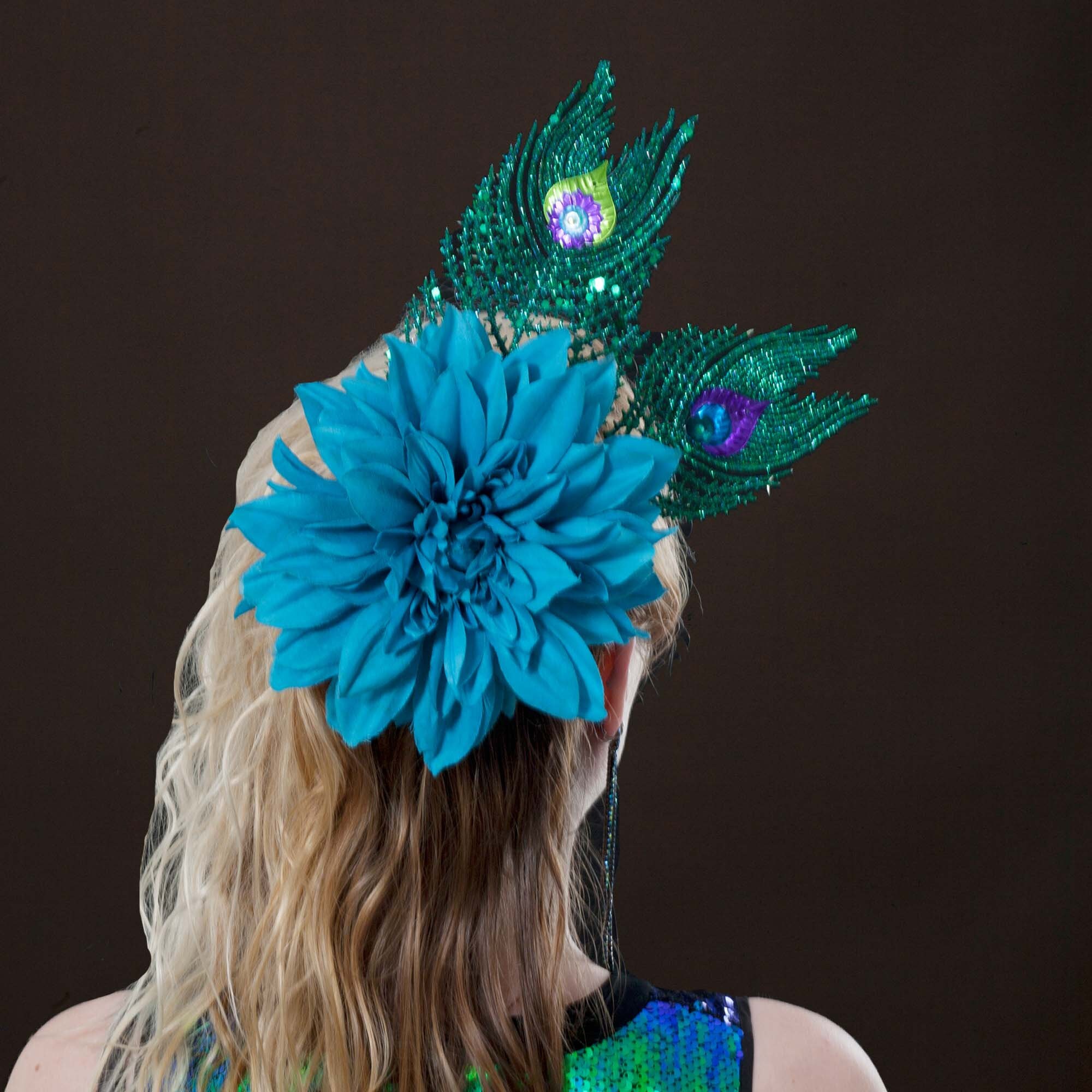 Large Blue Flower and Sparkly Peacock Feather Fascinator - Etsy display picture 1