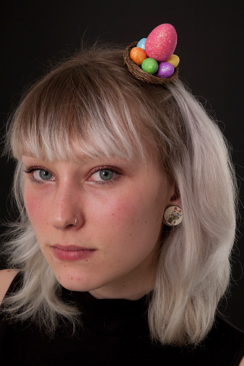 Easter Egg hair accessory, Rainbow Easter Egg Fascinator, easter parade bonnet, Eggs in a nest hat, comedy fascinator, garden party hat image 3