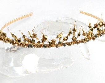 Handmade Swarovski crystal tiara, Gold and green crown, gold wedding headband, bridal aliceband, bridesmaid hair accessory, prom tiara