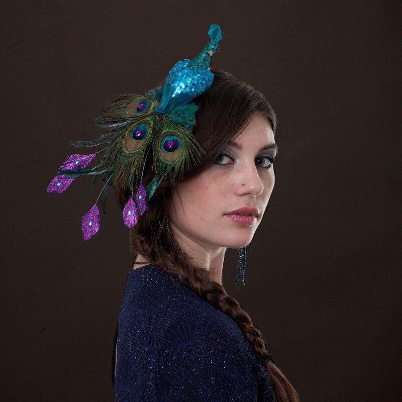Peacock Fascinator in Blue and Purple 