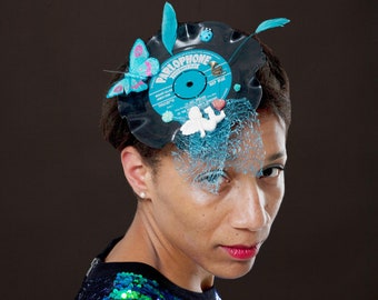 Blue Record Fascinator, music hair accessory, festival headdress